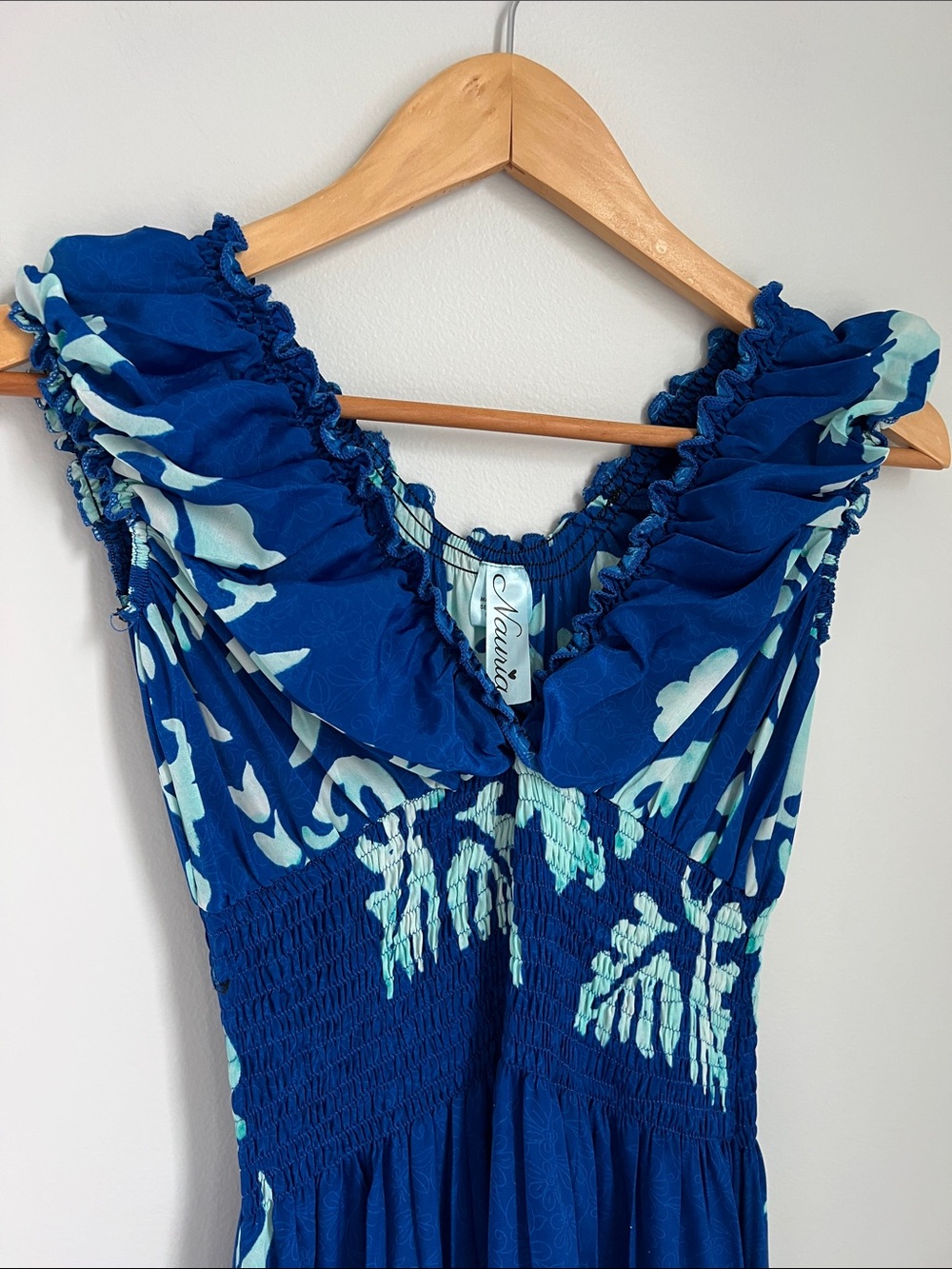 Nauria | Silk Blue Aqua Tropical Floral Ruffle Womenâs Maxi Dress NWT One Size - Picture 7 of 17